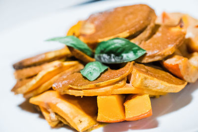 Close-up of dessert served on table