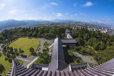 High angle view of buildings against sky