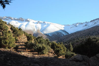 Scenic view of snowcapped mountains against clear sky