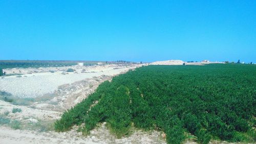 Scenic view of land against clear blue sky