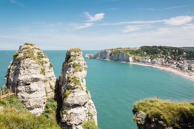 High angle view of cliff and sea at etretat