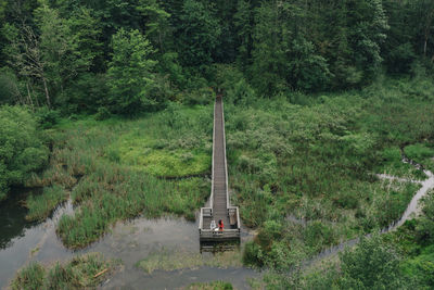 A young couple enjoys a hike on a boardwalk in the pacific northwest.