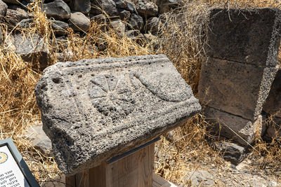 High angle view of text on field