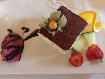 Close-up of dessert served on table