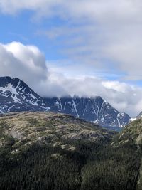 Scenic view of mountains against cloudy sky