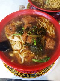 Close-up of served noodles in bowl