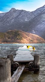 Scenic view of lake by mountains against sky