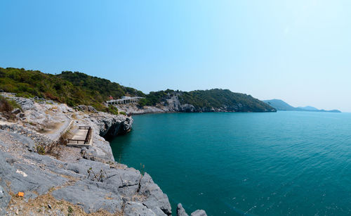 Scenic view of sea against clear blue sky