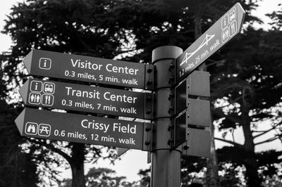 Low angle view of information sign against trees