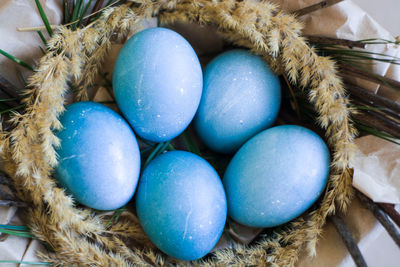 High angle view of eggs in basket