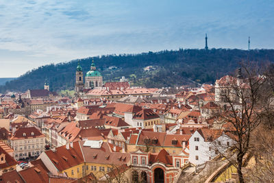 The beautiful prague city old town seen form the prague castle viewpoint in an early spring day