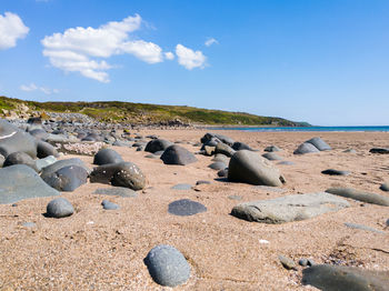 Scenic view of beach against blue sky