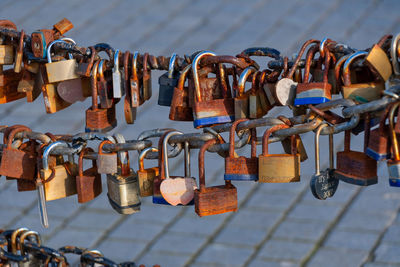 Close-up of padlocks hanging on chain