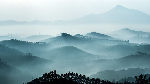 Scenic view of mountains against sky during foggy weather