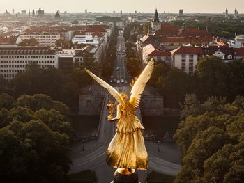 High angle view of statue on tower in city