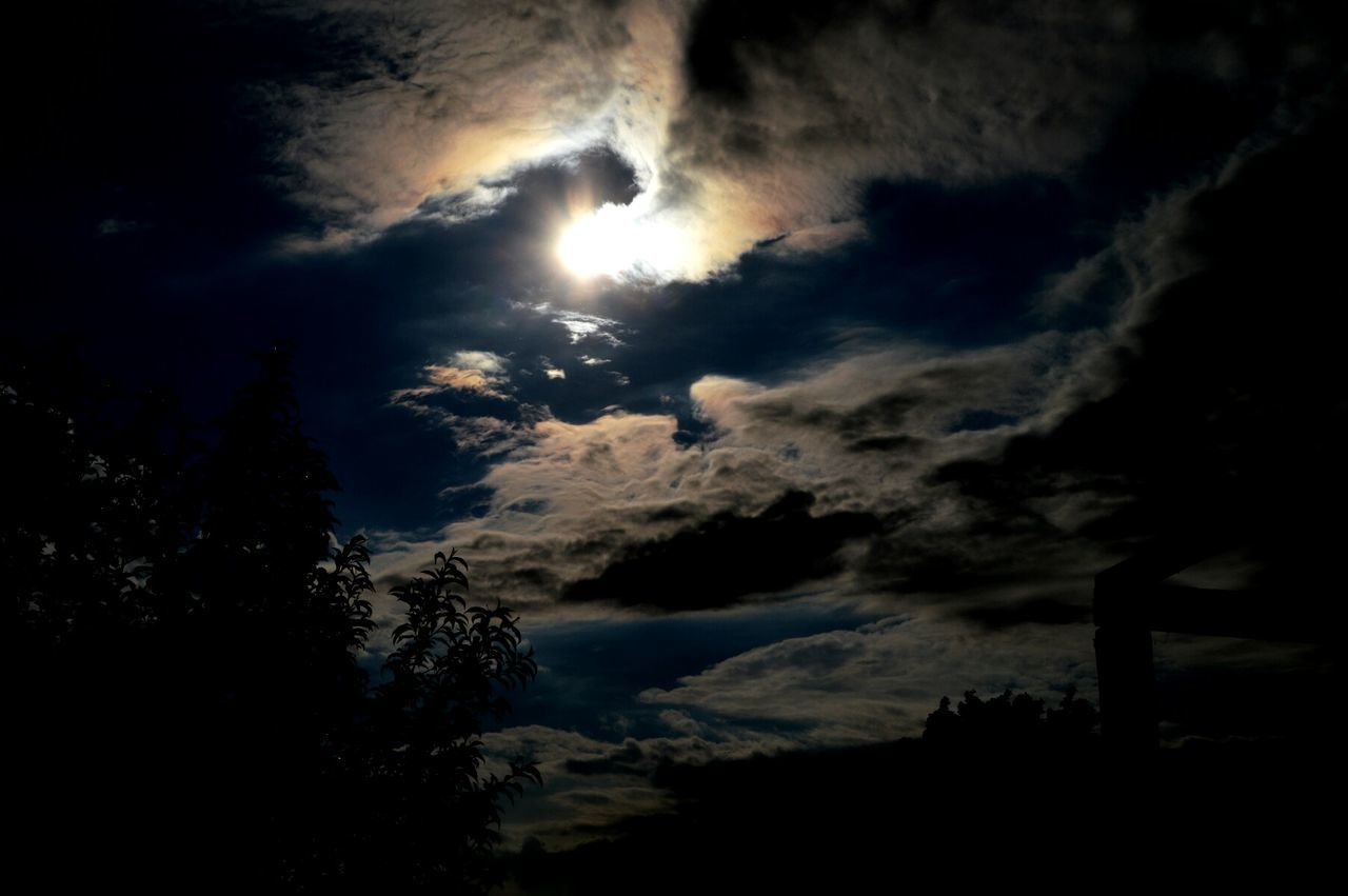 silhouette, low angle view, sky, cloud - sky, cloudy, sunset, beauty in nature, dark, scenics, nature, tranquility, tree, cloud, built structure, dusk, tranquil scene, outdoors, dramatic sky, no people, sun