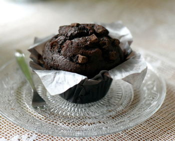 Close-up of chocolate cake in plate