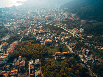 High angle view of buildings in city