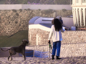 Rear view of woman with dog against built structure