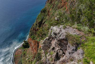 High angle view of rock formation at sea shore