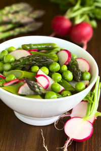 High angle view of salad in bowl on table