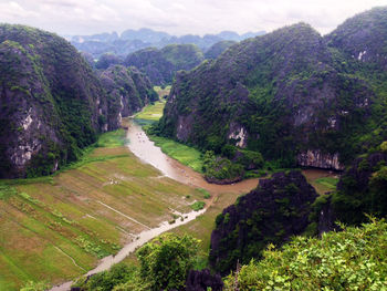 Scenic view of field and mountains against sky