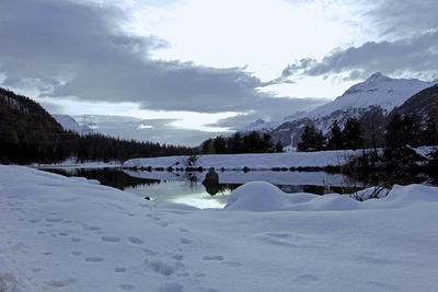 Scenic view of snow covered mountains against sky