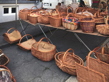 Wicker baskets at market for sale