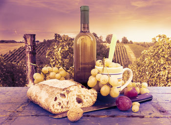 Close-up of breakfast and wine on table against vineyard