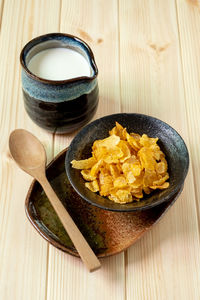 High angle view of breakfast on table