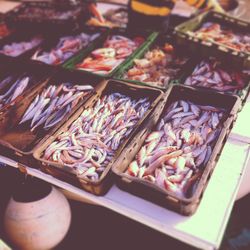 High angle view of fish displayed at market stall