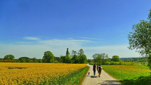 Rear view of people walking on field against sky