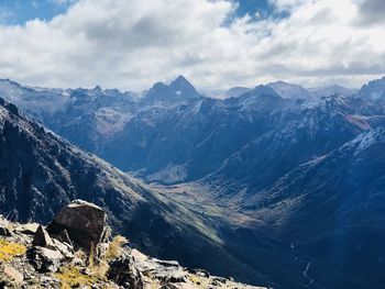 Scenic view of snowcapped mountains against sky