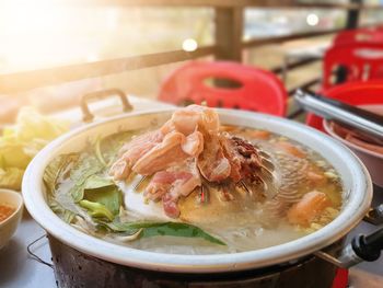 Close-up of soup in bowl on table