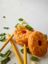 High angle view of cake in plate on table