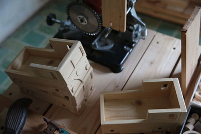 High angle view of machinery on table