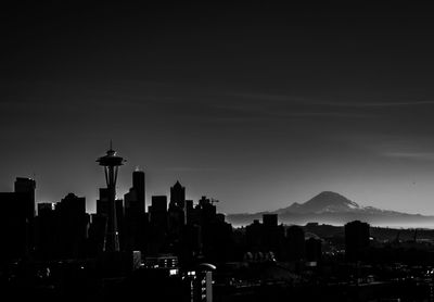 Silhouette of buildings in city against sky