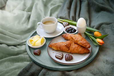 High angle view of breakfast on table