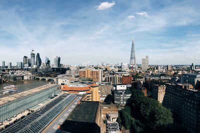 High angle view of buildings in city against sky