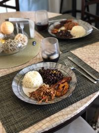 High angle view of food served on table