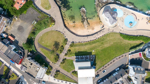 High angle view of street amidst buildings in city