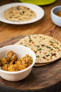 High angle view of meal served on table