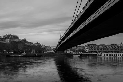 Bridge over river in city against sky