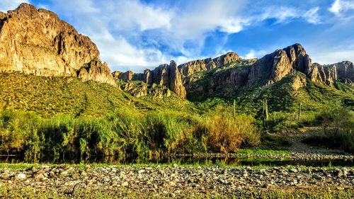 Panoramic view of landscape and mountains against sky