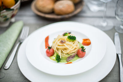 High angle view of food in plate on table