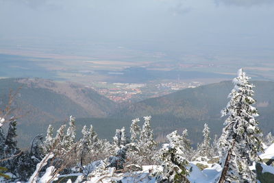 Aerial view of snowcapped mountains against sky