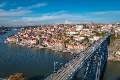 High angle view of city against cloudy sky