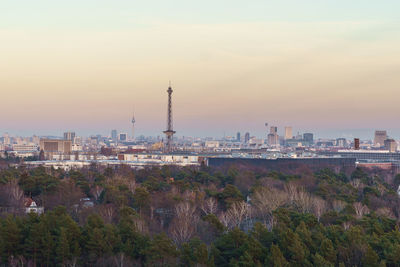 High angle view of buildings against sky during sunset