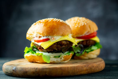 Close-up of burger on table