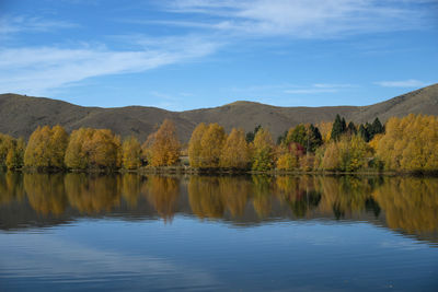 Scenic view of lake by trees against sky